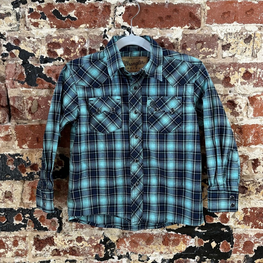 Wrangler Retro Shirt Button Up Cowboy Western Long Sleeve Blue Plaid Boys XS